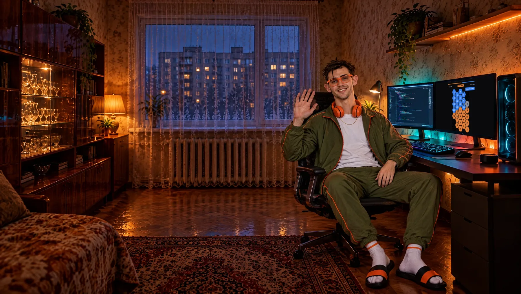 Gary waving from his desk in a panel flat at night, two monitors with code and a pixel-art game.