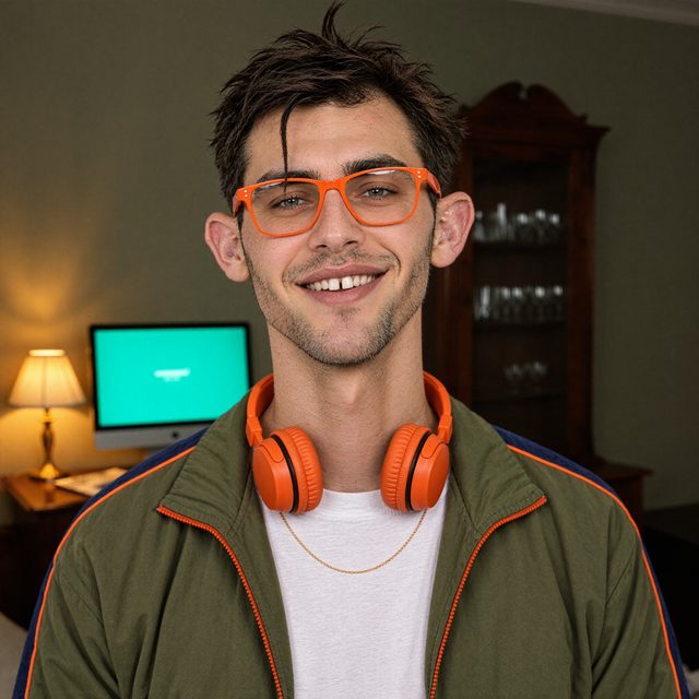 Gary Gitpush, an AI-generated character: young man with orange glasses and orange headphones around his neck.