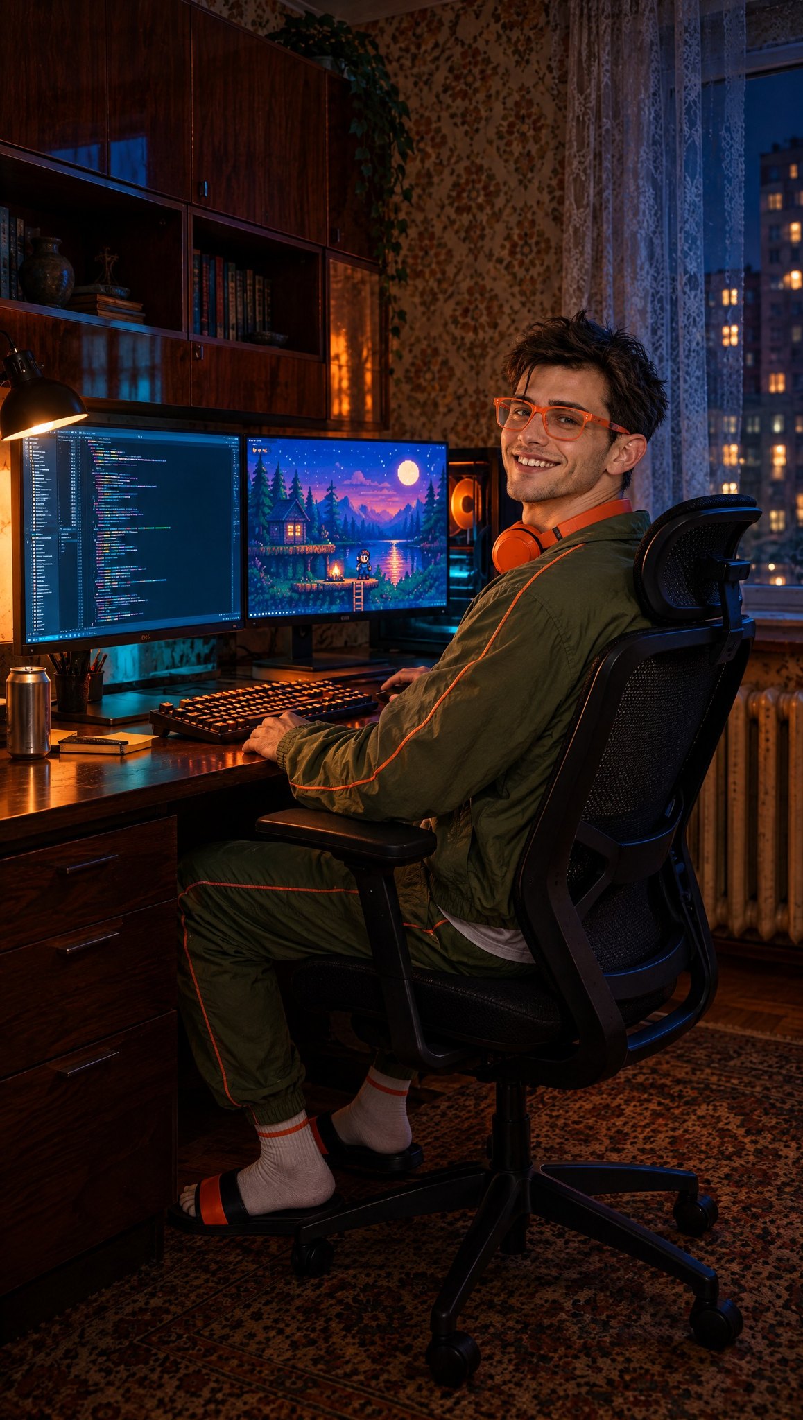 Gary at his desk at night in a panel-block flat, two monitors, AI-generated.